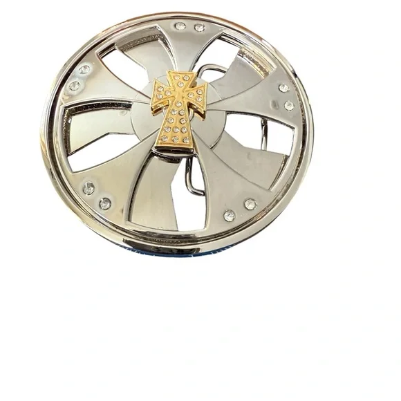 Y2K Spinner Cross Belt Buckle Silver Tone Chrome Rhinestone Metal Industrial l - Picture 7 of 10